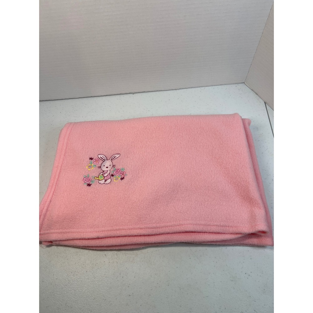 Fisher-Price Pink Fleece Baby Blanket Embroidered Bunny Rabbit Flowers 2011